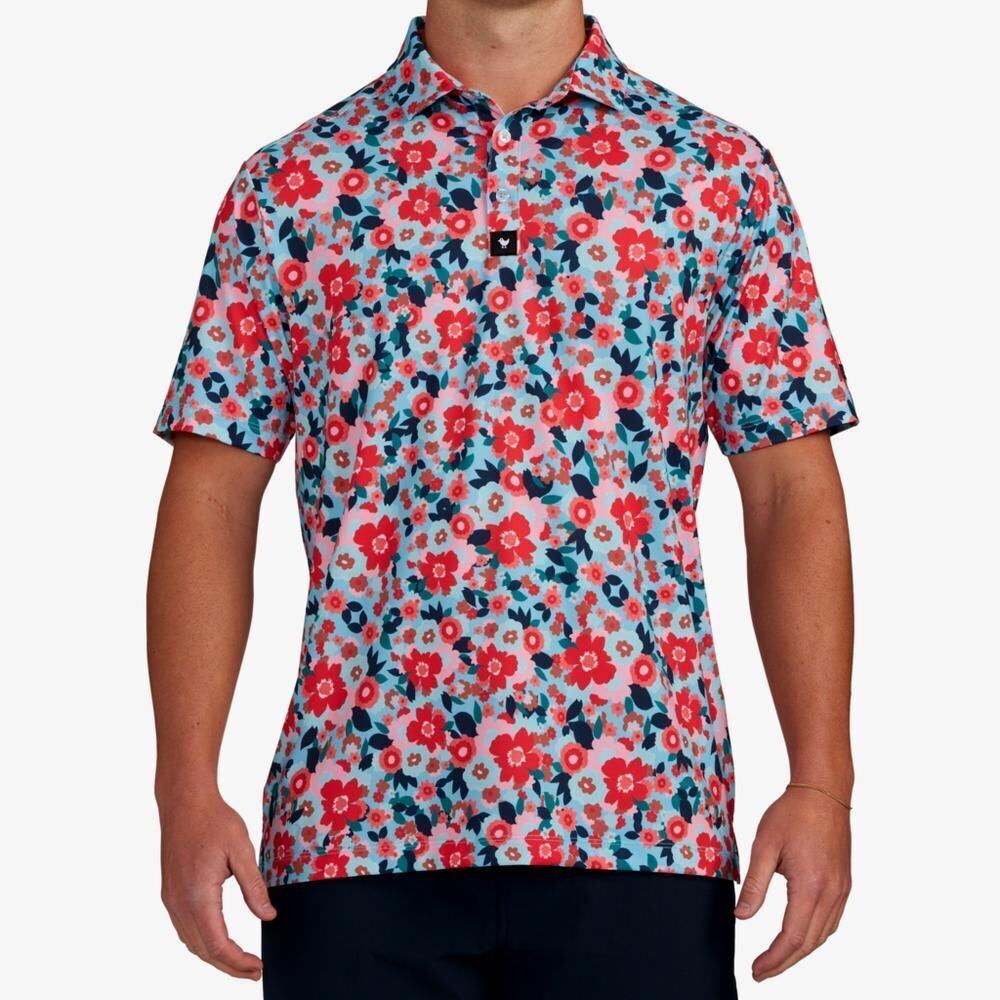 Bad Birdie Floral Golf Polo Pink Blue Short Sleeve Stretch Mens Medium